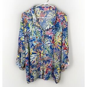 John Mark Blue Multicolor Floral Eyelet Roll Tab Sleeve Button Up 3x Artsy‎